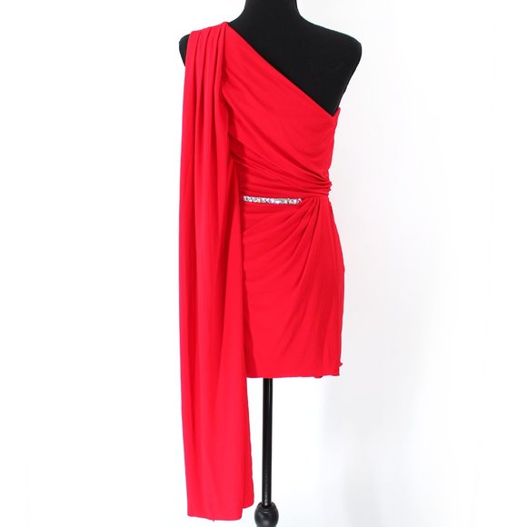 Gianni Versace Red One Shoulder Draping Scarf Embellished Mini Dress 42 US 4 6 - Picture 7 of 11